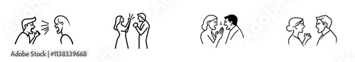 A husband shouts at his wife, a boss berates an employee, and an angry man yells at a calm woman in a sketch engraving, generative AI fictional character PNG illustration. Scratchboard imitation.
