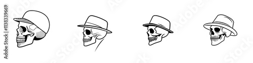 A skull donning a fedora, merging vintage charm with macabre elements in a bold graphic style sketch, engraving, and generative AI illustration. Scratchboard imitation. Black and white image.