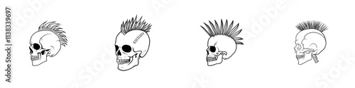 A black and white sketch engraving of a human skull featuring a bold spiked mohawk, capturing the essence of punk rock style and rebellious attitude, created with generative AI and imitating scratch