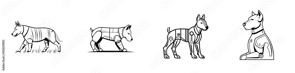 Fototapeta premium A futuristic design sketch of a robotic dog, showcasing detailed mechanical parts, gears, and circuits, in a black and white engraving style, created with generative AI as a PNG illustration,