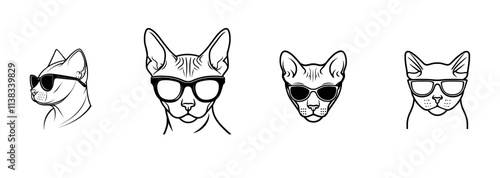 A confident Sphynx cat wearing sunglasses, radiating coolness and attitude in a sketch engraving created by generative AI, designed as a PNG illustration with a scratch board imitation in black and