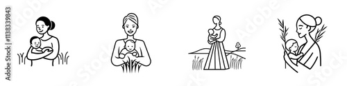 A serene scene of a smiling mother cradling her child in the tranquil countryside, capturing the essence of maternal love and rural life in a sketch engraving created with generative AI, presented as