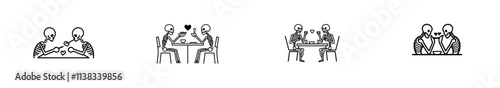 A black-and-white sketch depicts a skeleton couple enjoying a romantic dinner, with hearts floating around them, blending love, humor, and macabre elements in a generative AI PNG illustration.