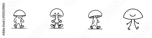 A cheerful cartoon mushroom character strolls with a joyful expression, symbolizing fun and positivity in a sketch-style engraving created by generative AI as a raster illustration. Scratchboard