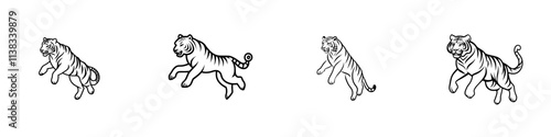 A black and white tattoo design featuring a leaping tiger with an open mouth, rendered in an engraving style, scratchboard imitation, and generative AI raster illustration.