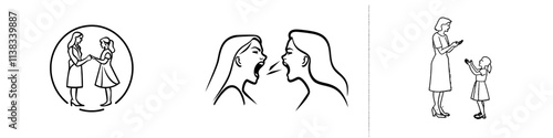 A vintage-style sketch engraving, created with generative AI, depicts an angry mother scolding her sad daughter, capturing the intense emotions and tension in a black-and-white raster illustration
