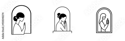 A tranquil girl with closed eyes and clasped hands in prayer, symbolizing devotion and serenity in a vintage-style sketch engraving, generated by AI in raster format. The image is in black and white.