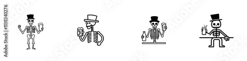 A whimsical black-and-white sketch shows a skeleton in a top hat enjoying a frothy beer, with a playful, vintage feel, created as a generative AI raster illustration mimicking scratchboard art.
