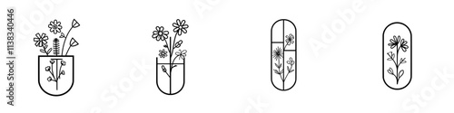 A black and white sketch engraving of a pill capsule surrounded by various plants and flowers, symbolizing natural and herbal medicine themes, created with generative AI as a raster illustration in a