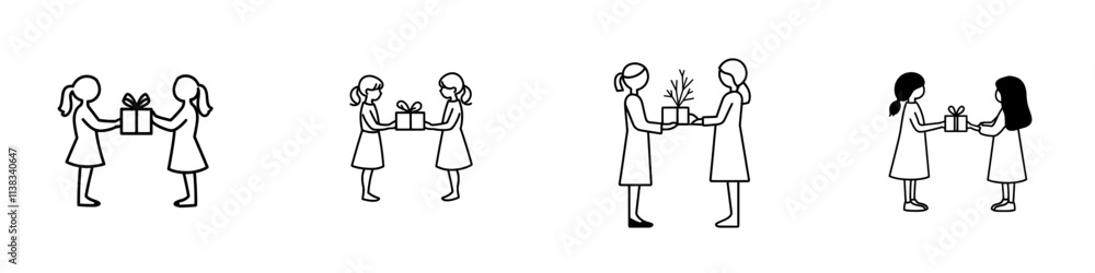 A classic style sketch engraving, created with generative AI, depicts two young girls sharing a gift, symbolizing friendship, kindness, and celebration in a black and white raster illustration using A classic style sketch engraving, created with generative AI, depicts two young girls sharing a gift, symbolizing friendship, kindness, and celebration in a black and white raster illustration using