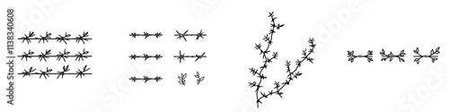 A barbed wire illustration, representing security, protection, and restriction, featuring sharp, twisted metal spikes in a sketch engraving style, created with generative AI as a raster image.