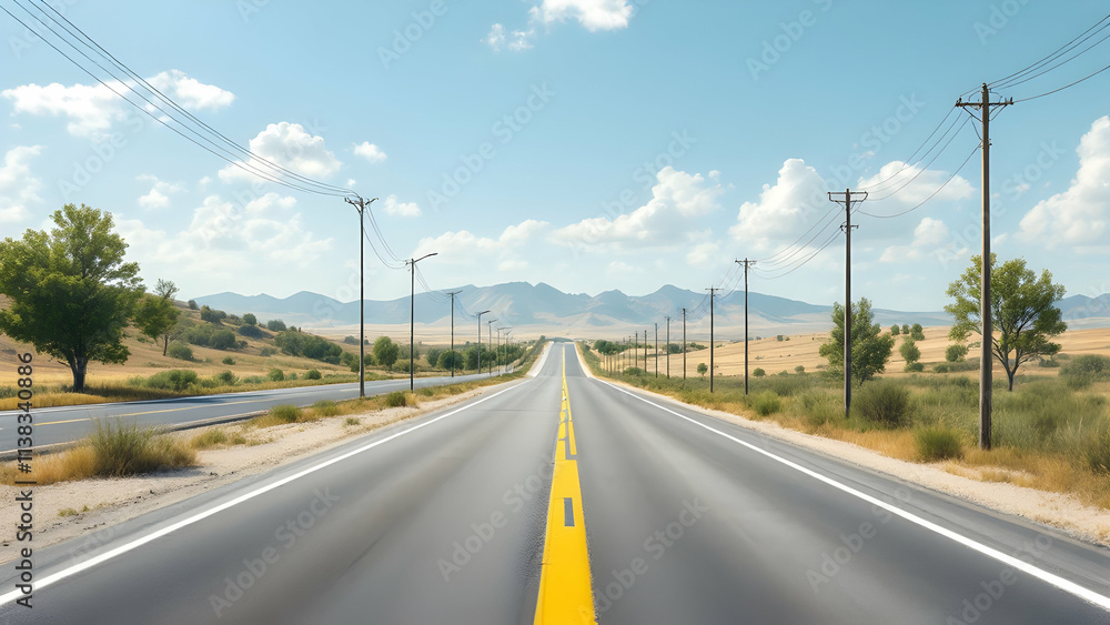 A long, straight highway cuts through a dry, sunny landscape. Power lines and trees line the sides. Mountains are visible in the distance under a partly cloudy sky. A long, straight highway cuts through a dry, sunny landscape. Power lines and trees line the sides. Mountains are visible in the distance under a partly cloudy sky.