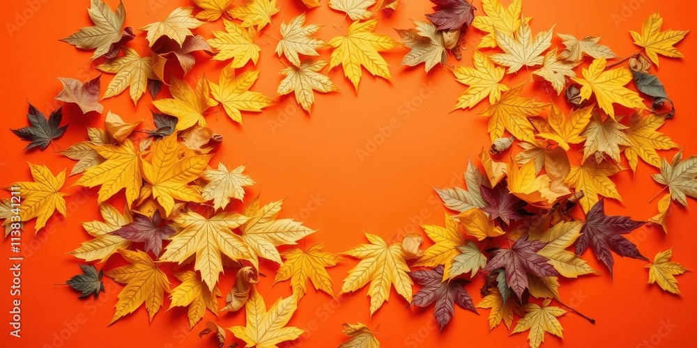 A vibrant autumnal arrangement featuring a captivating medley of yellow, orange, and red leaves set against a radiant orange backdrop. A vibrant autumnal arrangement featuring a captivating medley of yellow, orange, and red leaves set against a radiant orange backdrop.