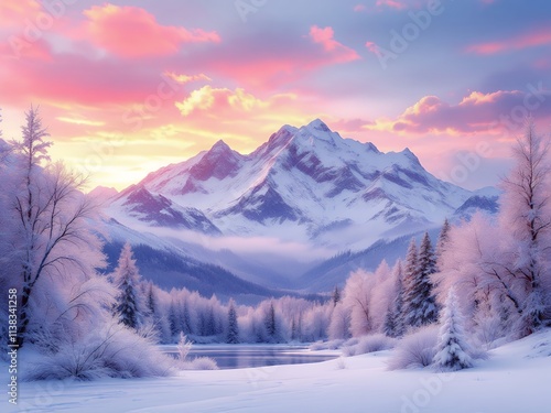 winter landscape in the mountains background of snow and blurred forest in background, Gently falling snow flakes against blue sky