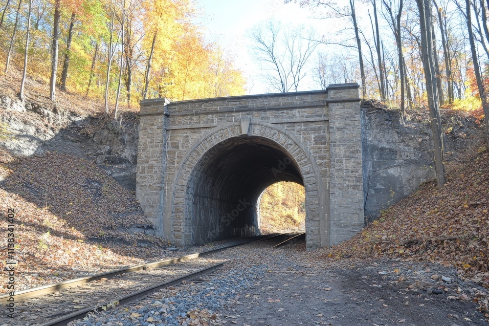 Stone Arch Railroad Tunnel in Autumnal Forest Stone Arch Railroad Tunnel in Autumnal Forest