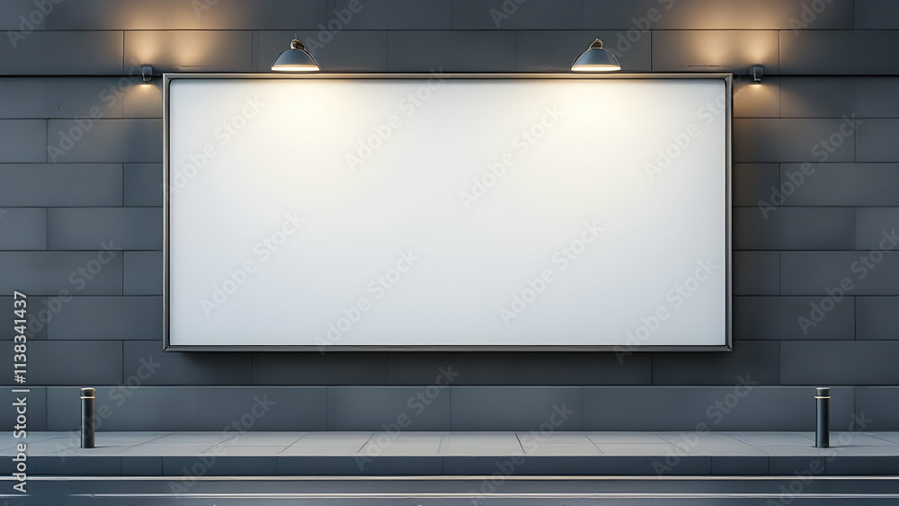 A large, blank billboard mounted on a grey brick wall at night, illuminated by spotlights. Empty space for advertisement. Modern city street setting. A large, blank billboard mounted on a grey brick wall at night, illuminated by spotlights. Empty space for advertisement. Modern city street setting.