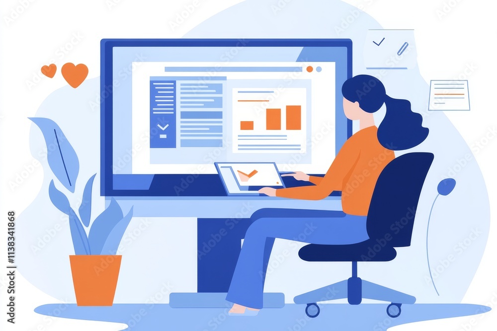 Woman Working on Computer, Data Analysis and Progress Tracking Woman Working on Computer, Data Analysis and Progress Tracking