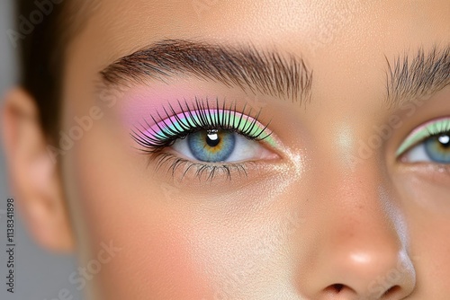 An artistic close-up of colored eyelashes, painted in vibrant shades like blue, green, and purple photo