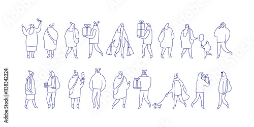 Line art Christmas people vector illustration set isolated on white. Winter time people in warm clothes, with Christmas gifts walking outdoor 