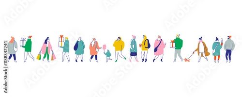 Line art Christmas people vector illustration set isolated on white. Winter time people in warm clothes, with Christmas gifts walking outdoor 