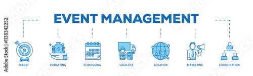 Event management infographic icon flow process which consists of target, budgeting, scheduling, logistics, location, marketing, and coordination icon live stroke and easy to edit .