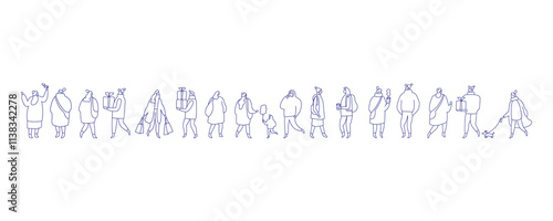 Line art Christmas people vector illustration horizontal banner isolated on white. Winter time people in warm clothes, with Christmas gifts walking outdoor 
