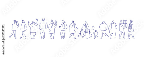 Line art Christmas people vector illustration horizontal banner isolated on white. Winter time people in warm clothes, with Christmas gifts walking outdoor 