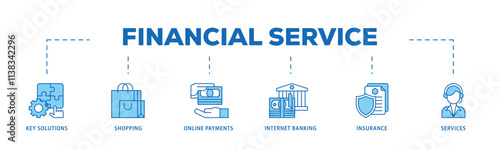 Financial service infographic icon flow process which consists of key solutions, shopping, online payments, internet banking, insurance and services icon live stroke and easy to edit .