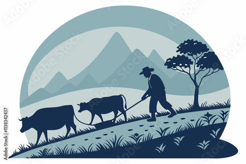 A farmer cultivating land with two cow in the morning near a mountain