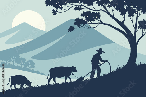 A farmer cultivating land with two cow in the morning near a mountain