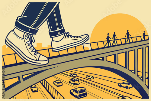 A foot over bridge  over a busy rood and people passing on it in sun Set 
