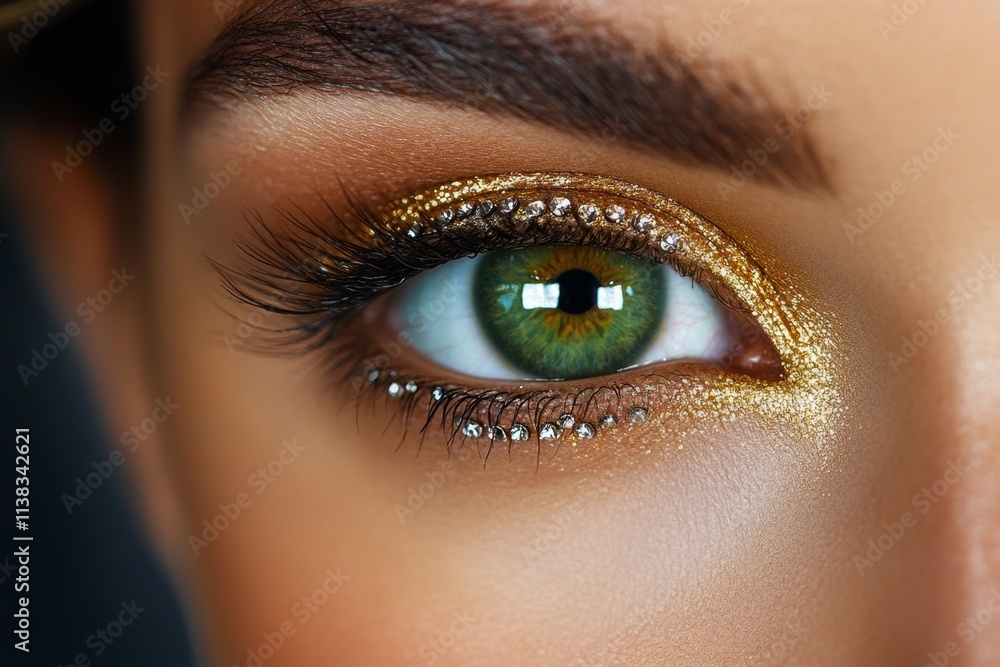 Eyelashes adorned with tiny, delicate rhinestones for an extravagant and luxurious look Eyelashes adorned with tiny, delicate rhinestones for an extravagant and luxurious look