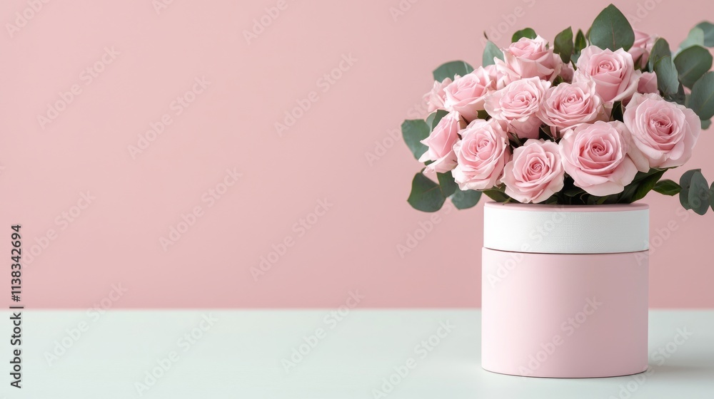 Fototapeta premium Pink roses with a luxury gift box: A soft arrangement of pastel pink roses paired with an intricately designed Valentine gift box