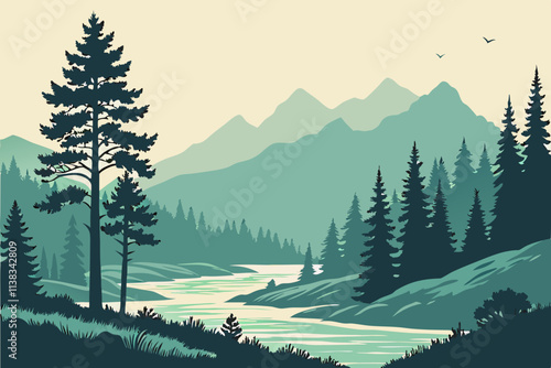 Minimalist vector landscapes with mountains, forests, and rivers in soft gradient tones, ideal for posters, wallpapers, or websites..