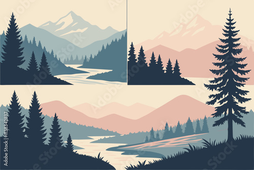 Minimalist vector landscapes with mountains, forests, and rivers in soft gradient tones, ideal for posters, wallpapers, or websites..