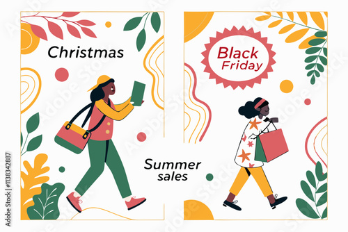 Vibrant and colorful vector designs for seasonal promotions like Christmas, Black Friday, or Summer Sales, with customizable text areas and decorative elements.