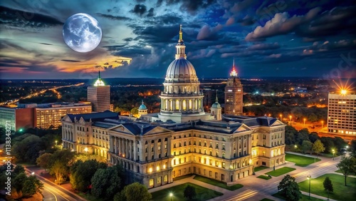 Michigan State Capitol Building Night Timelapse Full Moon Aerial Photography Lansing photo