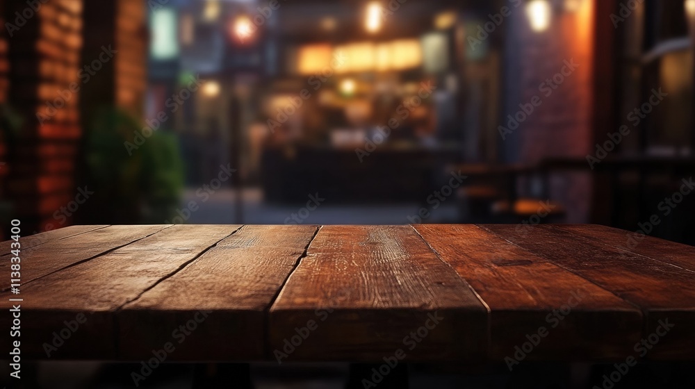 Empty Wooden Table: A sleek surface with a blurred backdrop of a vibrant bar and bistro, ideal for showcasing your products or creating a cozy ambiance. Empty Wooden Table: A sleek surface with a blurred backdrop of a vibrant bar and bistro, ideal for showcasing your products or creating a cozy ambiance.