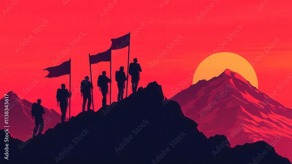 Naklejka premium A stylized mountain climb with teams carrying strategy flags toward glowing market leadership summit, teamwork in competition concept