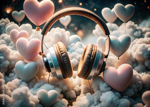 A pair of headphones with Heart Balloons and Clouds generative ai