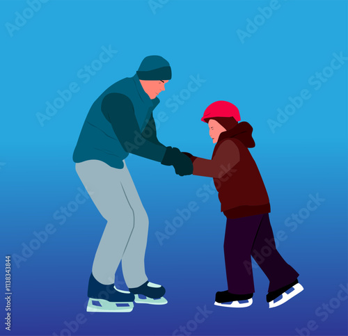 illustration design of father training his son to play ice skating, blue gradient background, isolated on white background