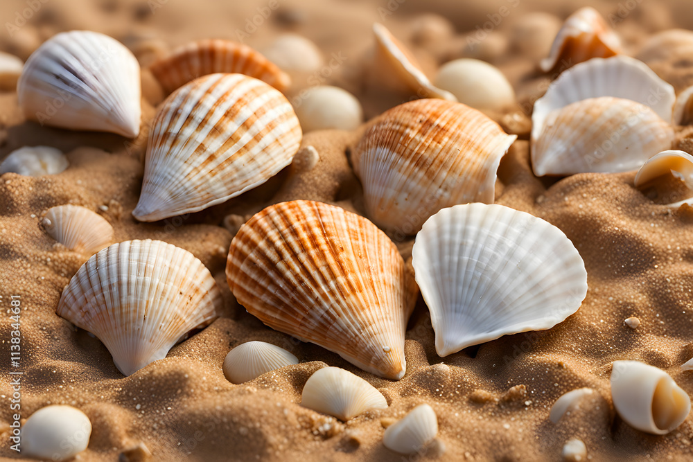 Close up of seashells on the sandy beach, Generated by ai Close up of seashells on the sandy beach, Generated by ai
