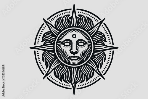 Mystical sun with lion face, vintage engraving, black line art illustration photo