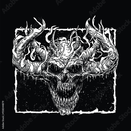 hand drawn death metal face monster skull illustration