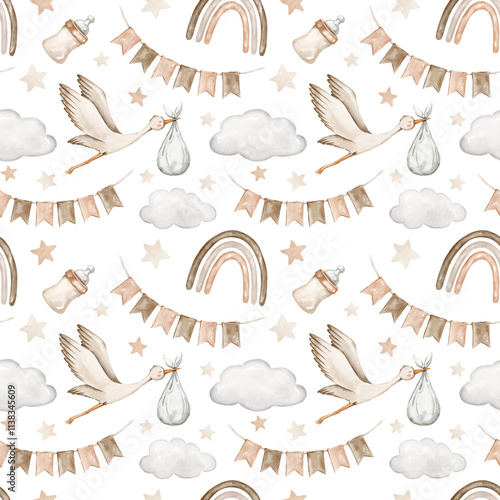 Neutral beige watercolor boho nursery seamless pattern. Stork baby shower idigital paper.  photo