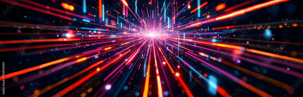 Fototapeta premium Vibrant, dynamic abstract image featuring streaks of neon light converging at a vanishing point. Suggests high speed, data flow, or a virtual reality environment. Colors are intensely bright and satur