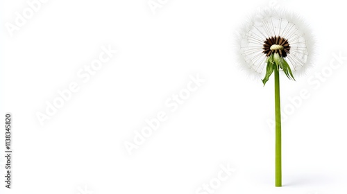 Wallpaper Mural Delicate Dandelion: A single dandelion seed head, its feathery plumes unfurling, stands isolated against a pristine white background, evoking a sense of fragile beauty and the fleeting nature of time. Torontodigital.ca