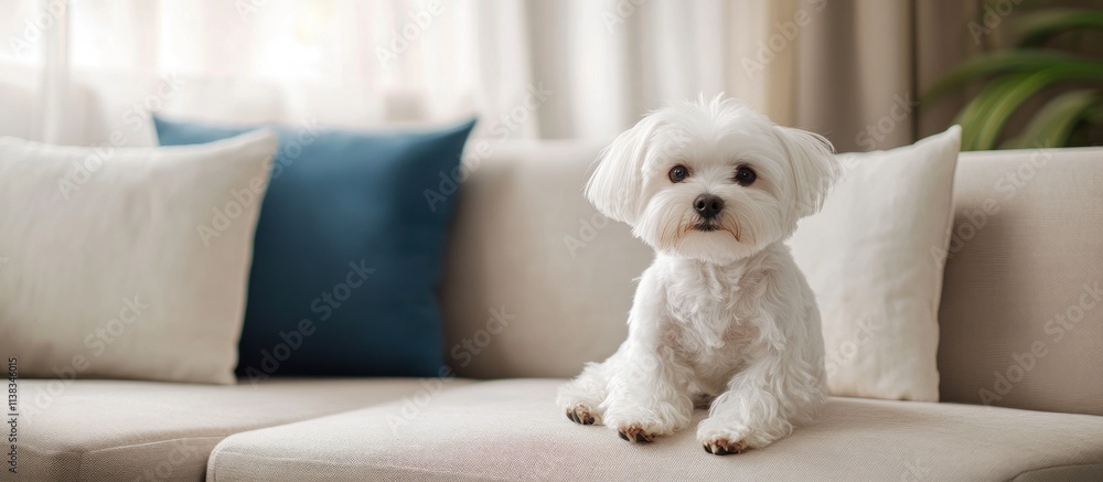 Adorable Maltese Puppy Relaxing on a Cozy Sofa Adorable Maltese Puppy Relaxing on a Cozy Sofa