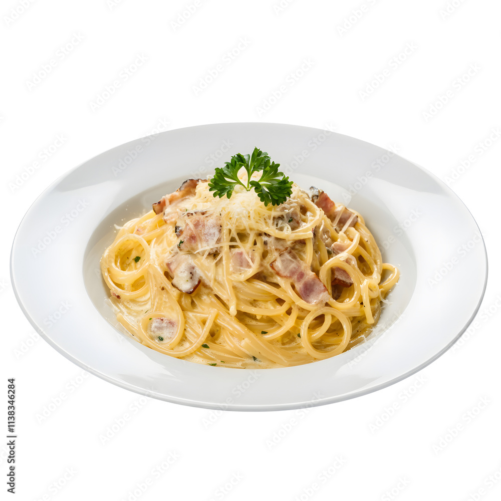 A plate of spaghetti carbonara with parmesan cheese and parsley. png isolated background. transparent background. A plate of spaghetti carbonara with parmesan cheese and parsley. png isolated background. transparent background.