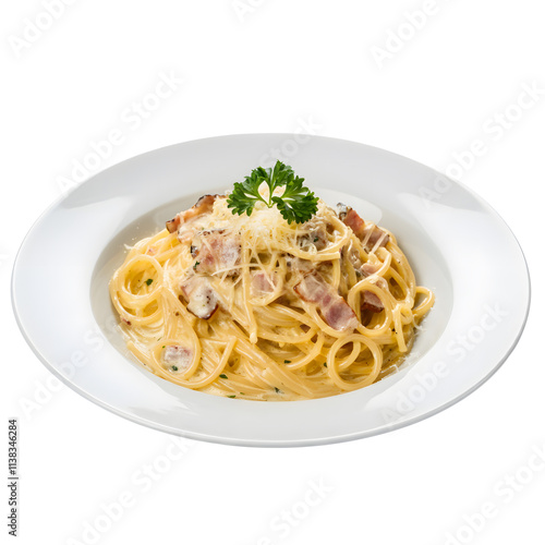 A plate of spaghetti carbonara with parmesan cheese and parsley. png isolated background. transparent background.